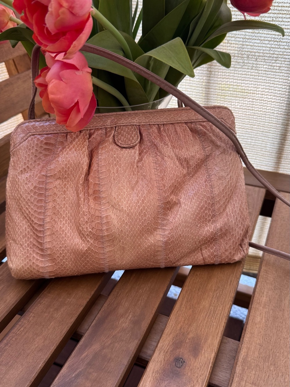 Blush Pink Snake-Texture Shoulder Bag with Slim Strap
